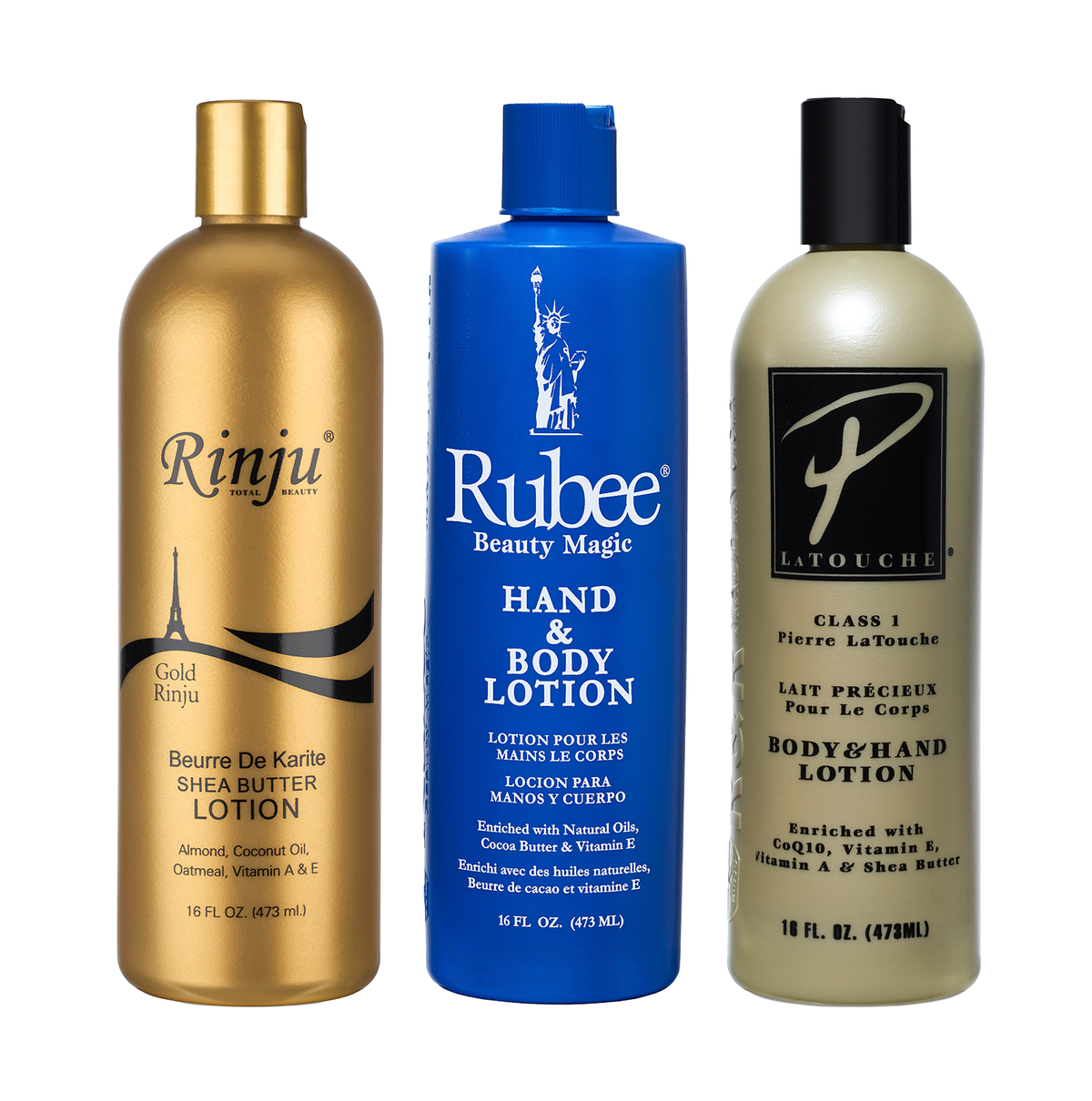 Luxury Hand & Body Lotion Set – Rinju Gold, Rubee Beauty Magic & Pierre La Touche | 16 oz, 3-Pack