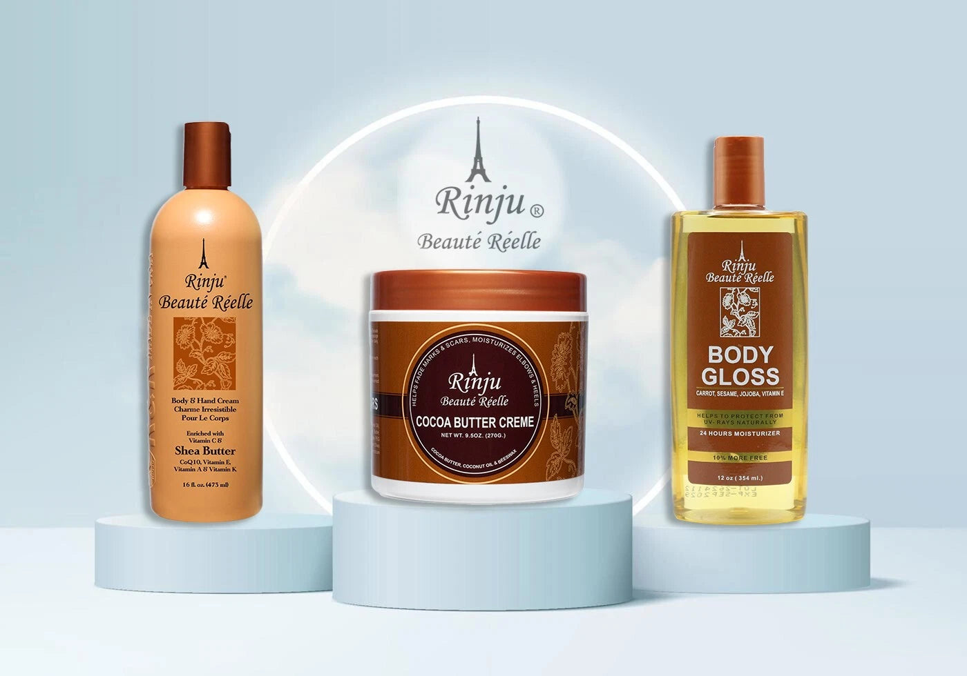 Rinju Beauté Réelle Body Care Combo Set | Body Lotion, Cocoa Butter Cream & Body Gloss – 3 Piece Gift Set