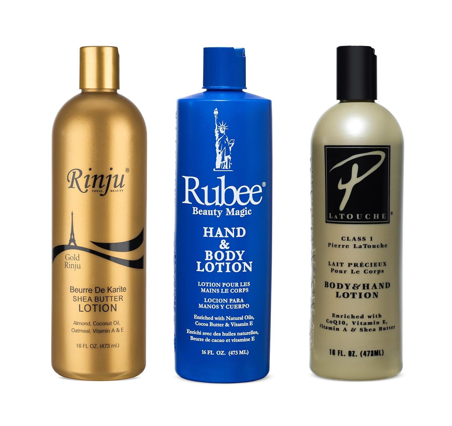 Luxury Hand &amp; Body Lotion Set – Rinju Gold, Rubee Beauty Magic &amp; Pierre La Touche | 16 oz, 3-Pack