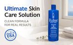 Blue bottle of Rubee hand and body lotion on a white surface with text about skin care solution and made in USA label.