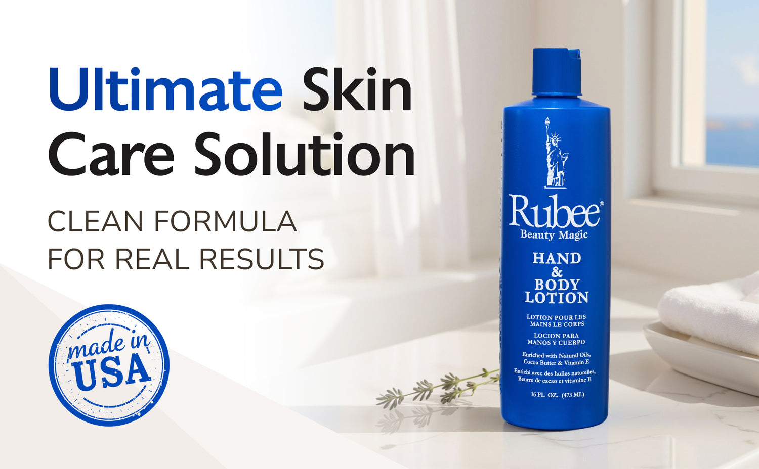 Blue bottle of Rubee hand and body lotion on a white surface with text about skin care solution and made in USA label.