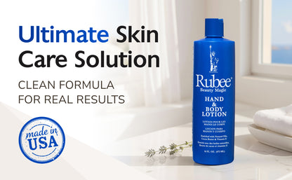 Blue bottle of Rubee hand and body lotion on a white surface with text about skin care solution and made in USA label.
