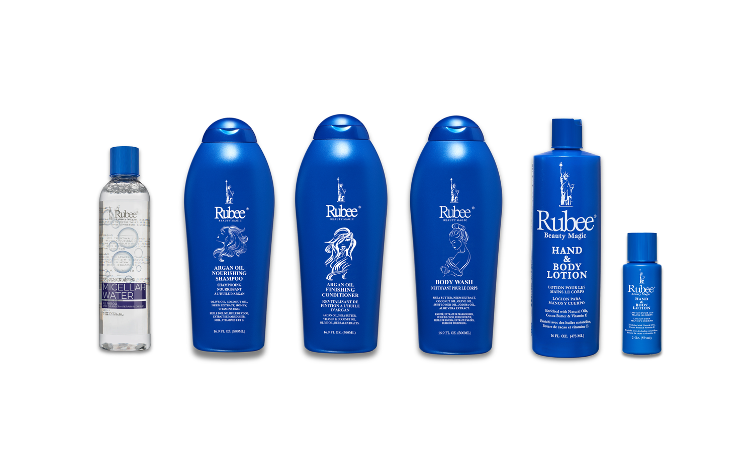 The Ultimate Rubee Bundle | Micellar Water, Argan Oil Shampoo, Conditioner, Body Wash & Hand & Body Lotion (2 oz & 16 oz) – 6 Piece Set