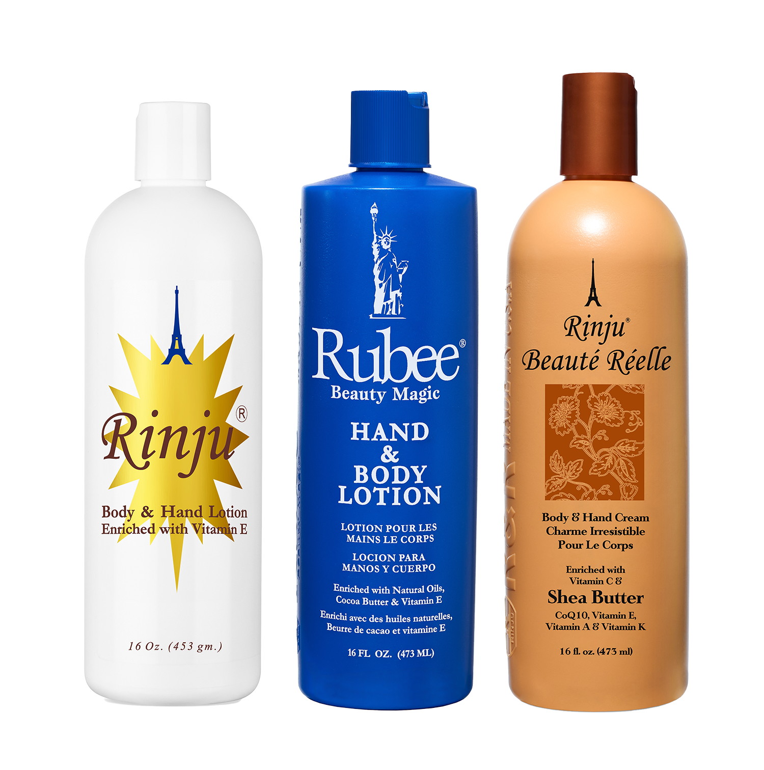 Rinju & Rubee Hand & Body Lotion Trio – Shea Butter, Cocoa Butter, CoQ10 & Vitamin E, 16 oz - 3 Bottles Gift Set